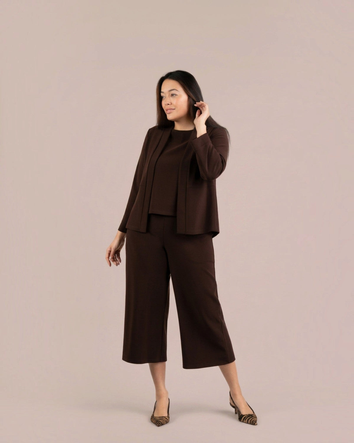 Sympli Brown Soffio Crepe Easy Wide Leg Crop Pant