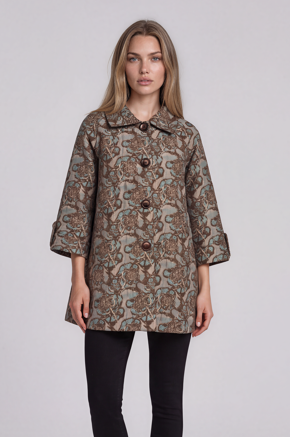 Taupe &amp; Teal Brocade Jacket a short-sleeved button-front coat with an intricate brown, beige, and gray paisley pattern.