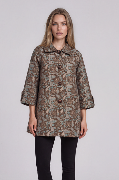 Taupe &amp; Teal Brocade Jacket a short-sleeved button-front coat with an intricate brown, beige, and gray paisley pattern.