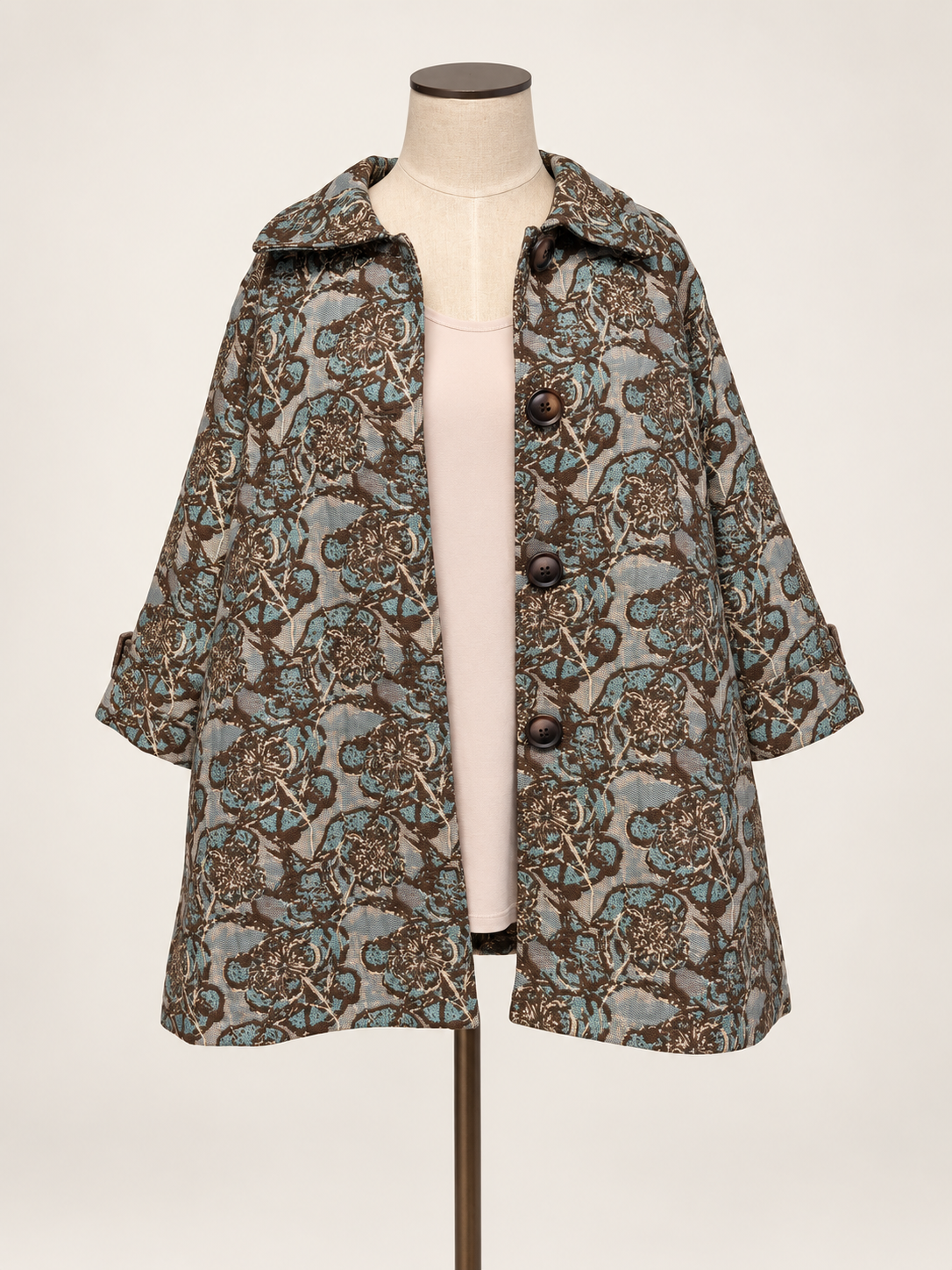Taupe &amp; Teal Brocade Jacket a short-sleeved button-front coat with an intricate brown, beige, and gray paisley pattern.
