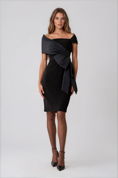 Teri Jon 267226BLK-0 Taffeta and Crepe Bow Sheath Dress black off-the-shoulder midi dress with a large draped waist bow.