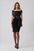 Teri Jon 267226BLK-0 Taffeta and Crepe Bow Sheath Dress black off-the-shoulder midi dress with a large draped waist bow.