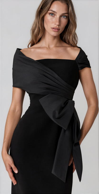 Teri Jon 267226BLK-0 Taffeta and Crepe Bow Sheath Dress black off-the-shoulder midi dress with a large draped waist bow.