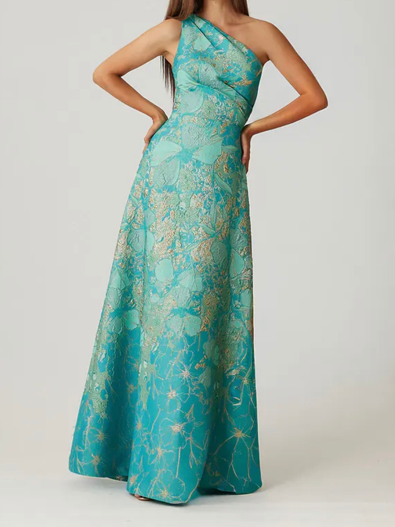 Teri Jon Metallic Jacquard Floral One Shoulder Gown Size 8 Teri Jon Metallic Jacquard Floral One Shoulder Gown Size 8