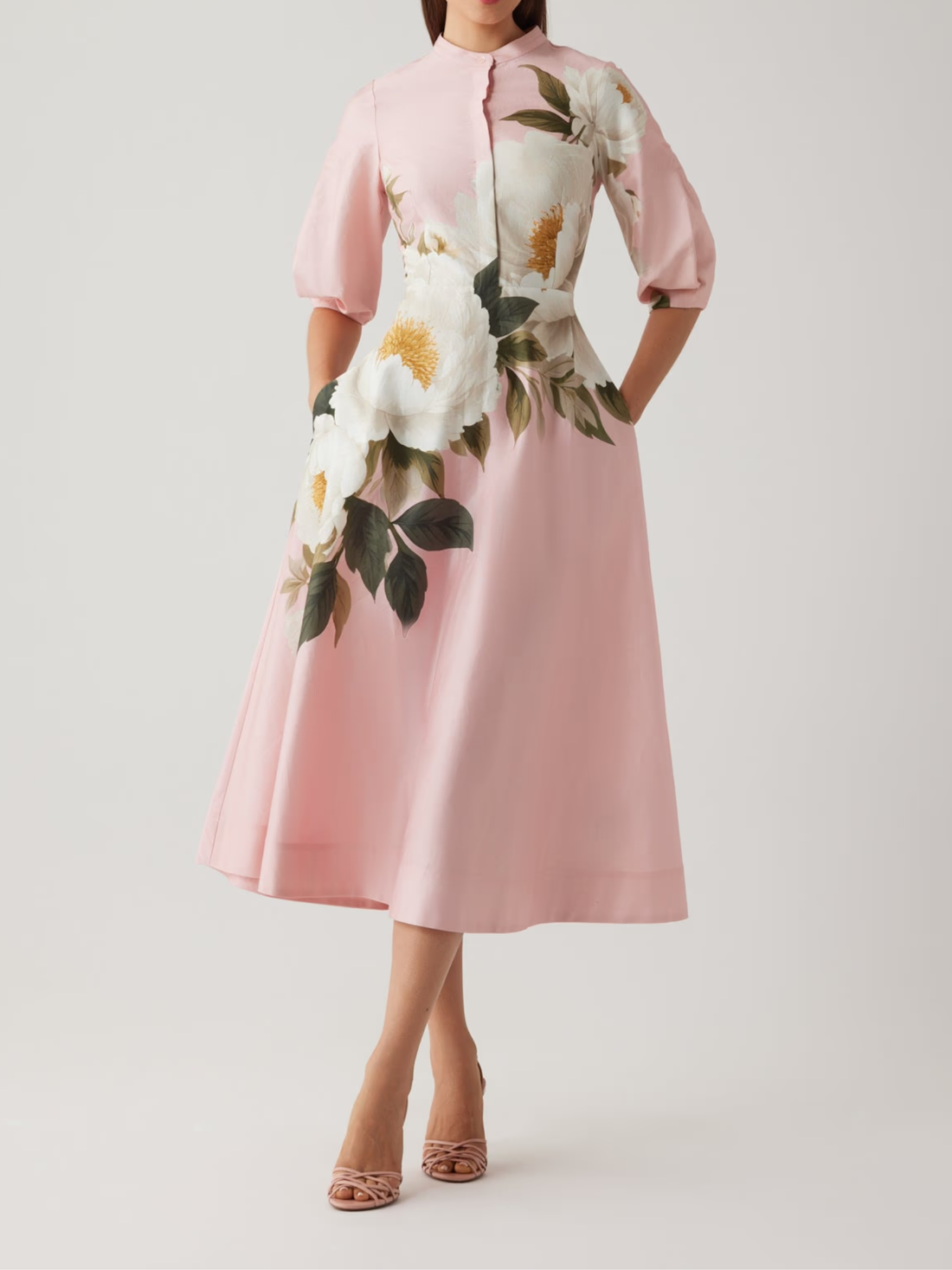 Teri Jon Pink Floral Cotton Print Mandarin Neck Puff Sleeve Full Skirt Dress pink dress with floral design on a white background