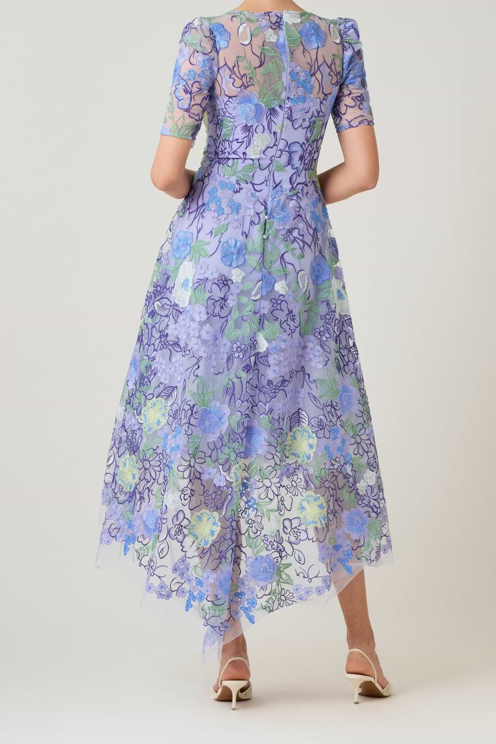 Terri Jon Embroidered Tulle Floral High Low Hem Dress