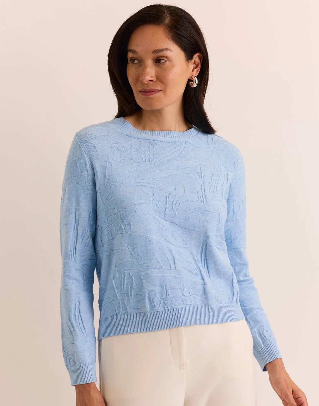 The H Edition Georgina Long Sleeve Sweater light blue floral textured knit sweater