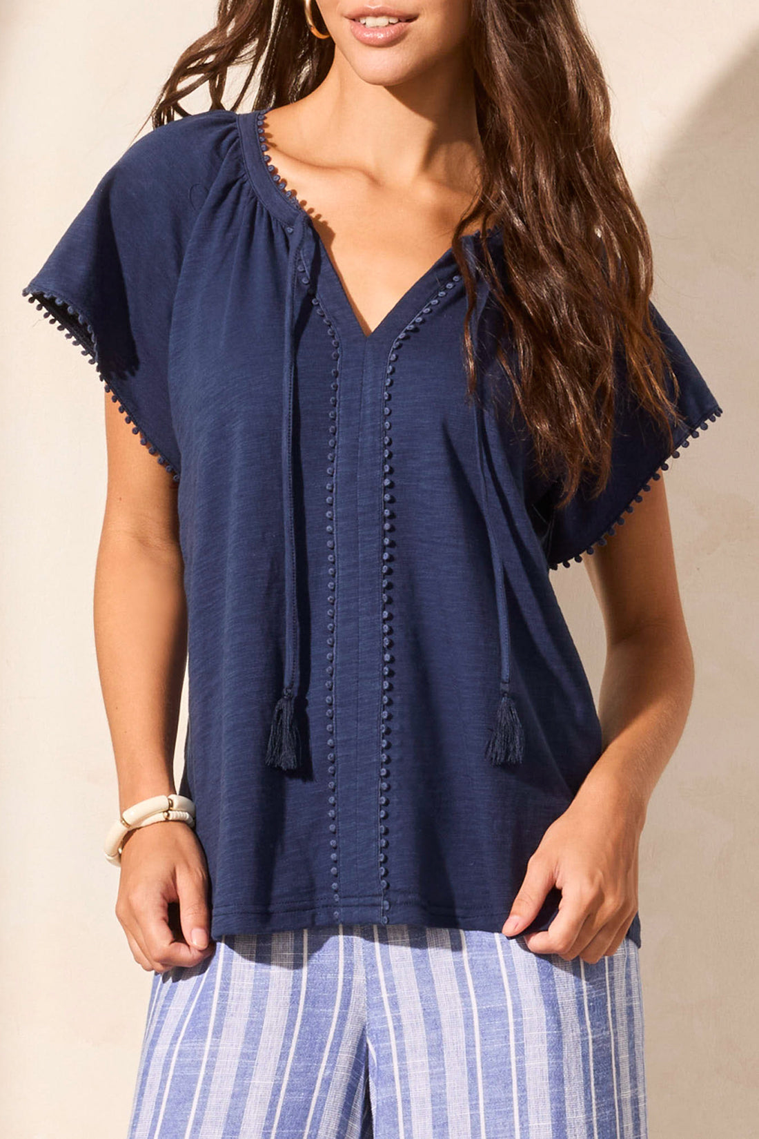Tribal | S/s Split Neck Top W/tassel