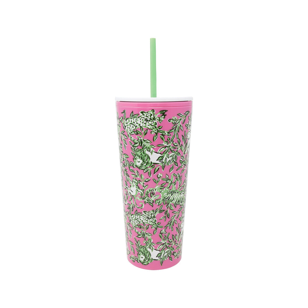 Lifeguard Press tumbler with straw featuring Mane character design, colorful energy-themed illustration on a reusable drink container.