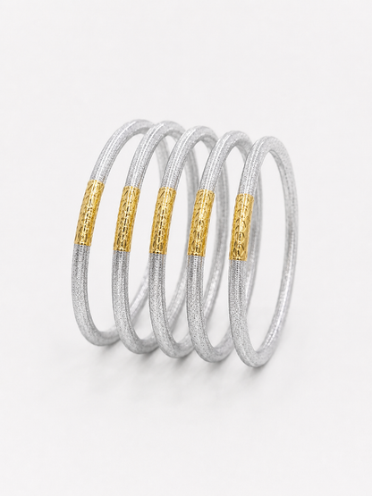 Five silver-toned bangles with textured gold cylindrical accents, UGA Color-Filled Bracelet Set