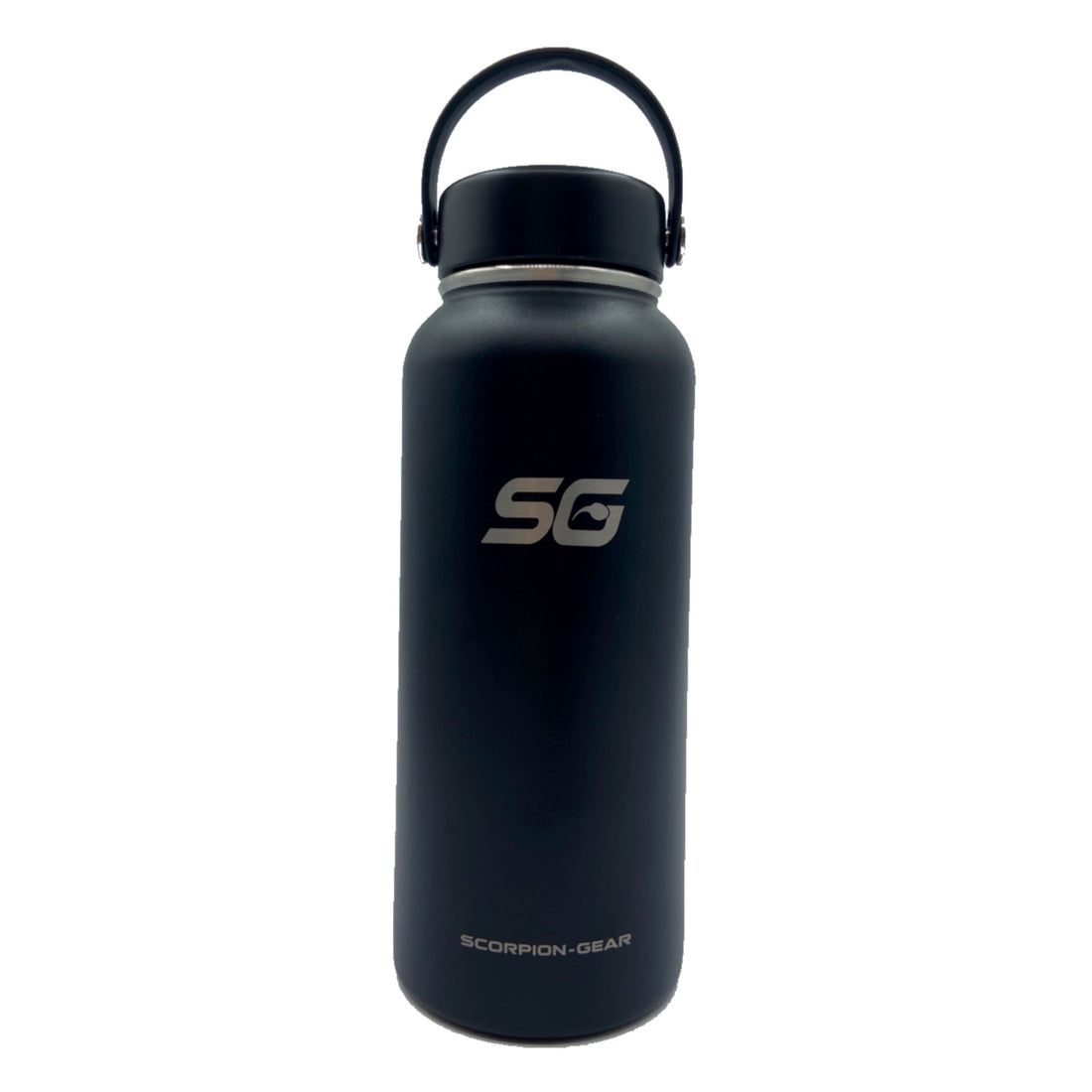 Scorpion Gear household water bottle with three different lids, clear body showing measurement markings.