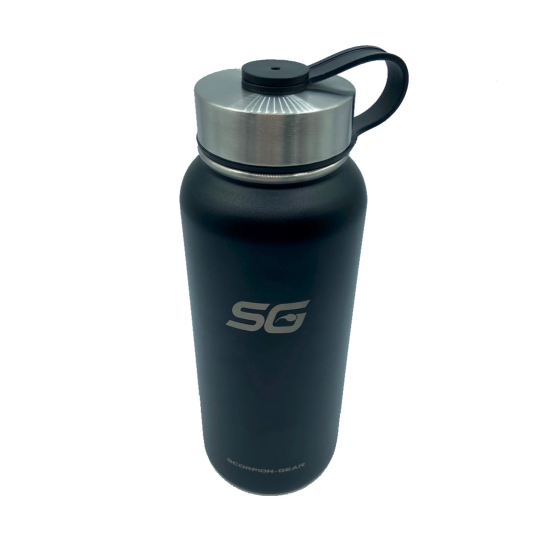 SCORPION GEAR household water bottle with three different lids, clear plastic body, and ergonomic design.