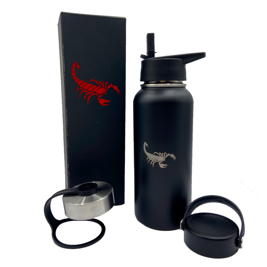Scorpion Gear household water bottle with three different lids, transparent body showing water inside, and a sturdy design.