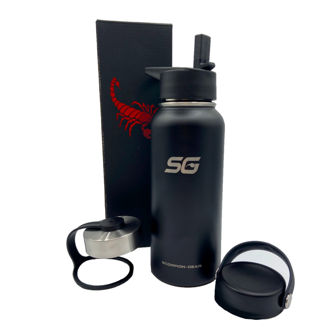 Scorpion Gear water bottle with three lids, durable household hydration container shown with three different lid options