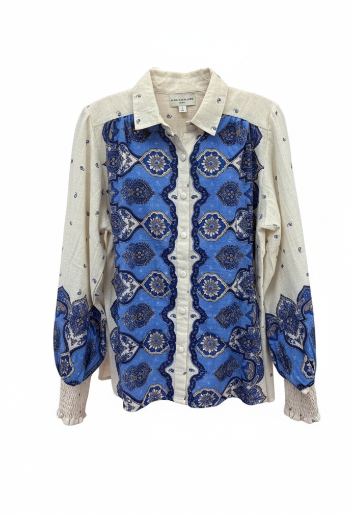 Shirt with blue and white pattern on a white background