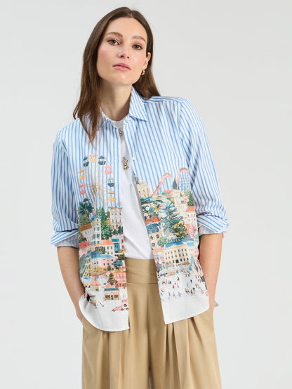 Vilagallo blue and white striped shirt with European city illustration print, style 33905, front view