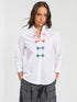 Vilagallo white shirt style 33770 shown on model, multicolor toggle trim detail in pink, orange, blue and green