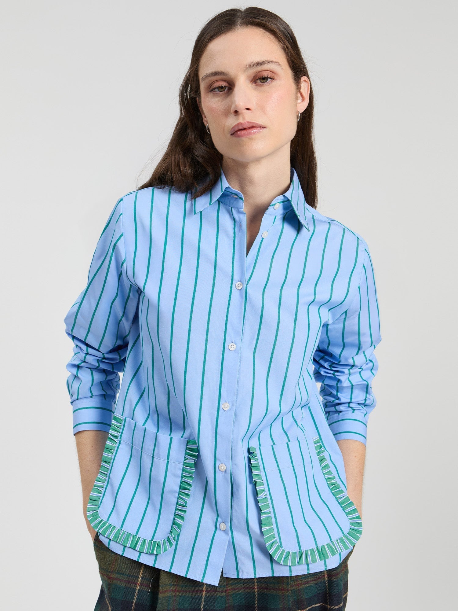 Vilagallo blue and green vertical striped cotton shirt with ruffle-trimmed patch pockets, style 33902, front view