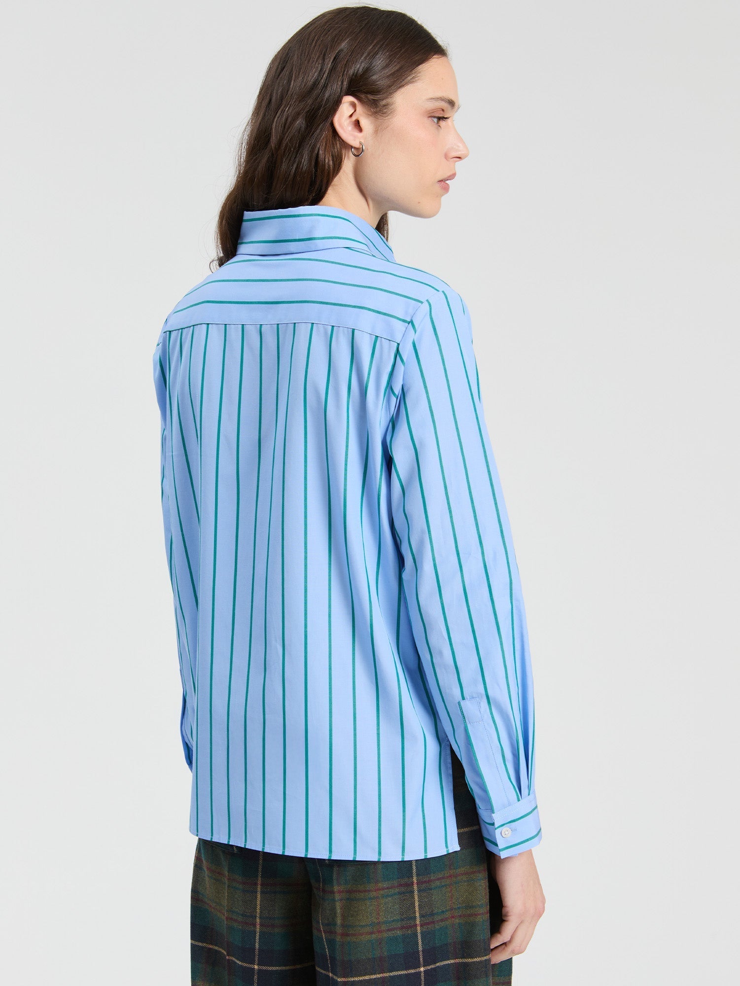 Vilagallo blue and green striped shirt style 33902 side view showing button front and collar