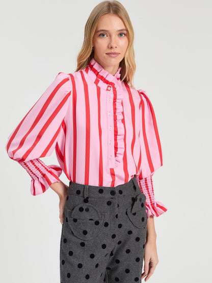 Vilagallo coral and white striped ruffle blouse style 33938 shown on model