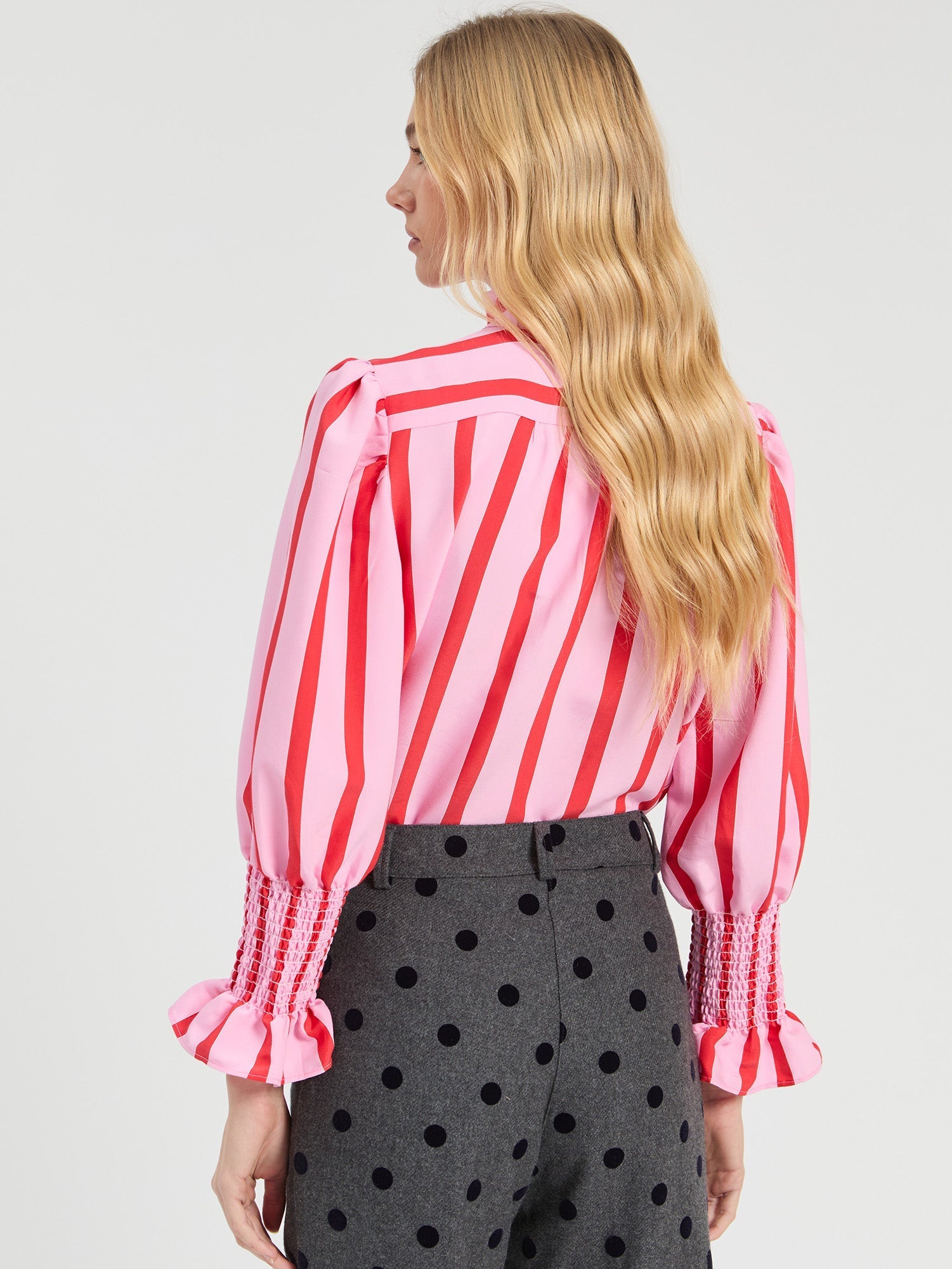 Vilagallo coral and white striped blouse style 33938 styled look with decorative ruffle detail
