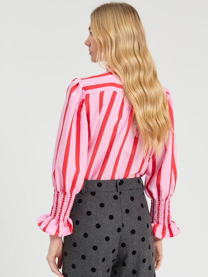 Vilagallo coral and white striped blouse style 33938 styled look with decorative ruffle detail