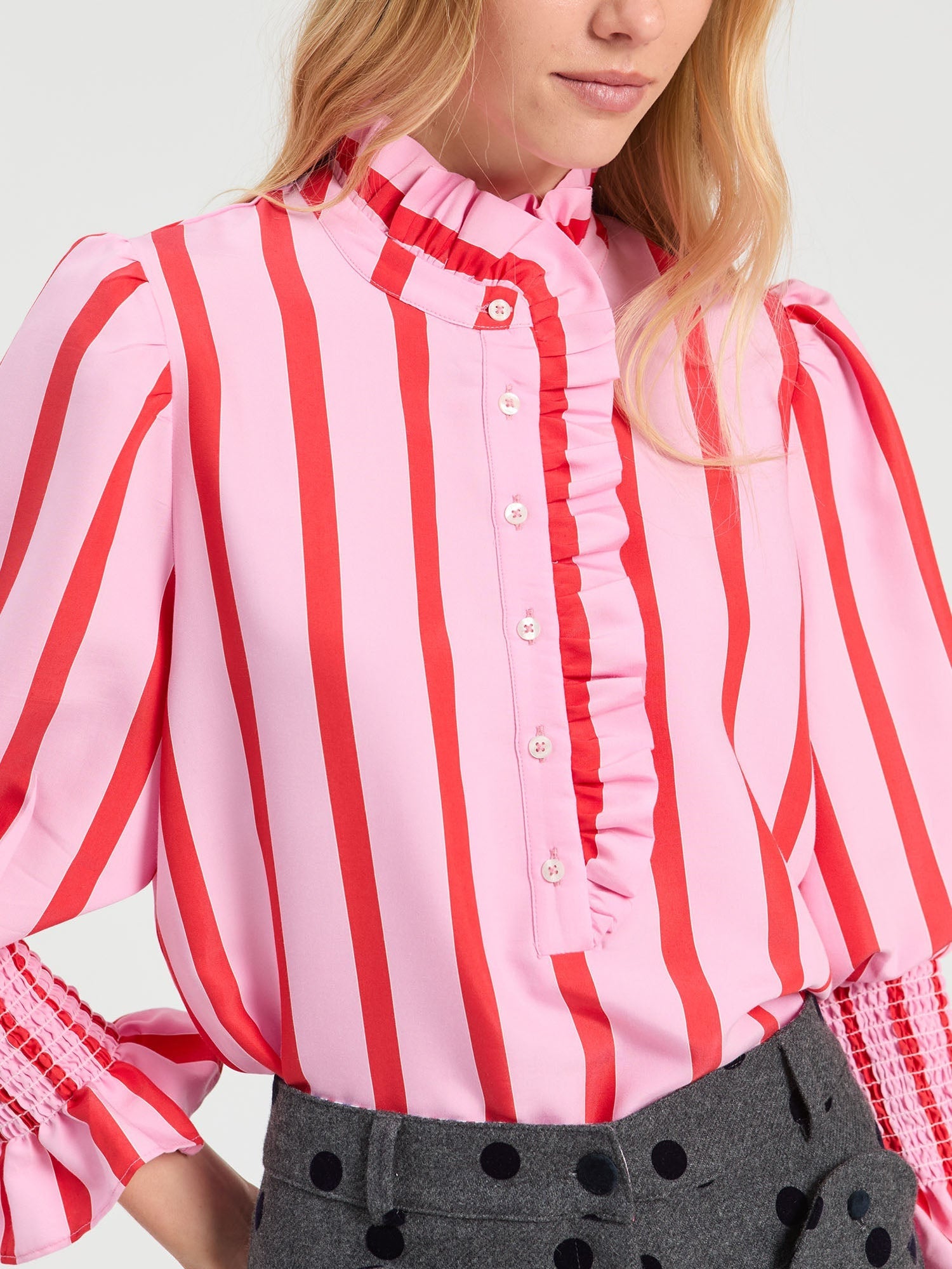 Vilagallo striped blouse style 33938 side view showing high neckline and coral stripe