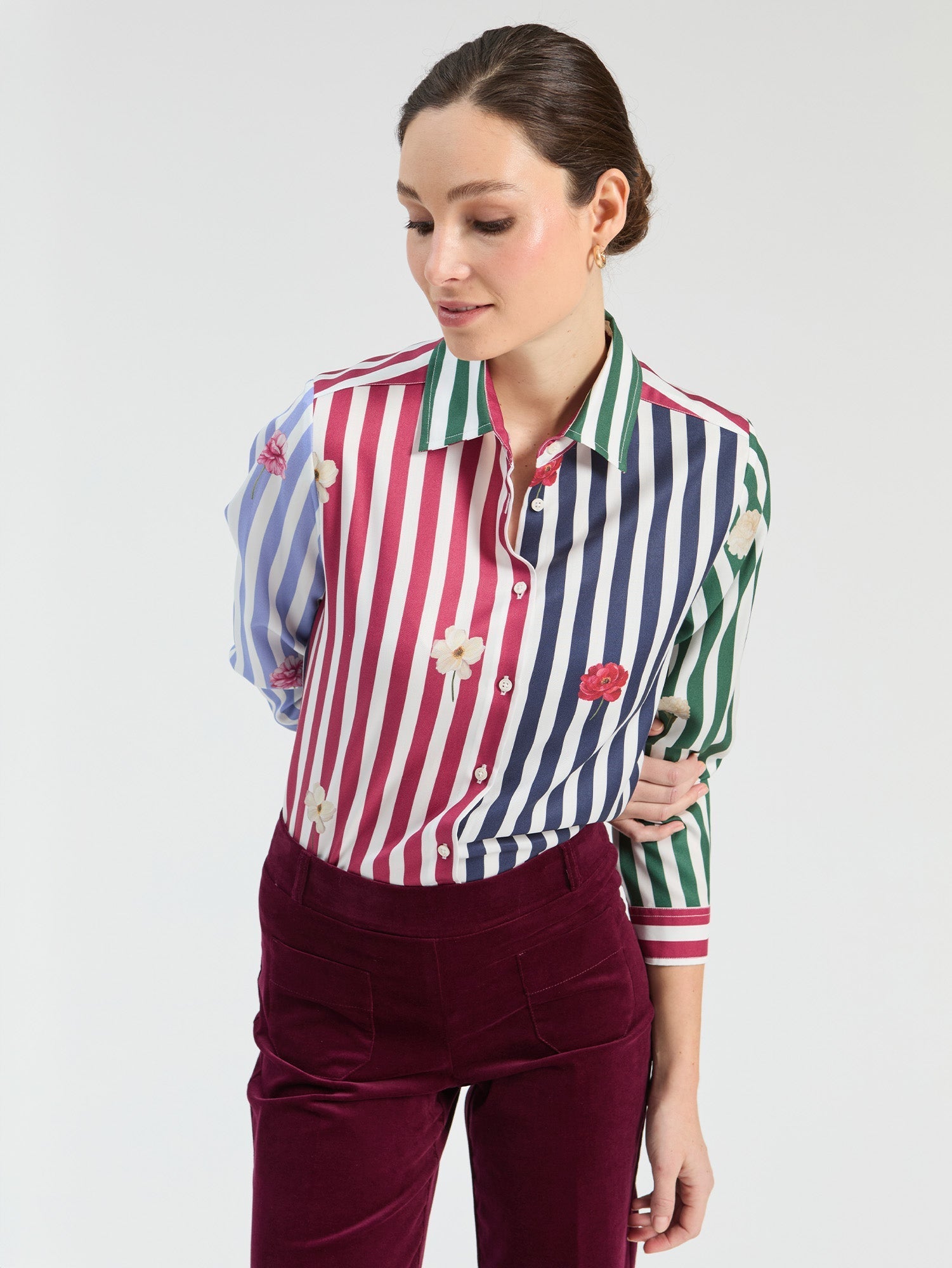 Vilagallo multicolor vertical striped shirt with embroidered floral appliques, style 33805, front view