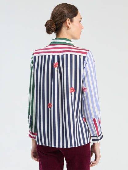 Vilagallo multicolor striped shirt style 33805 styled look with embroidered flower detail close up