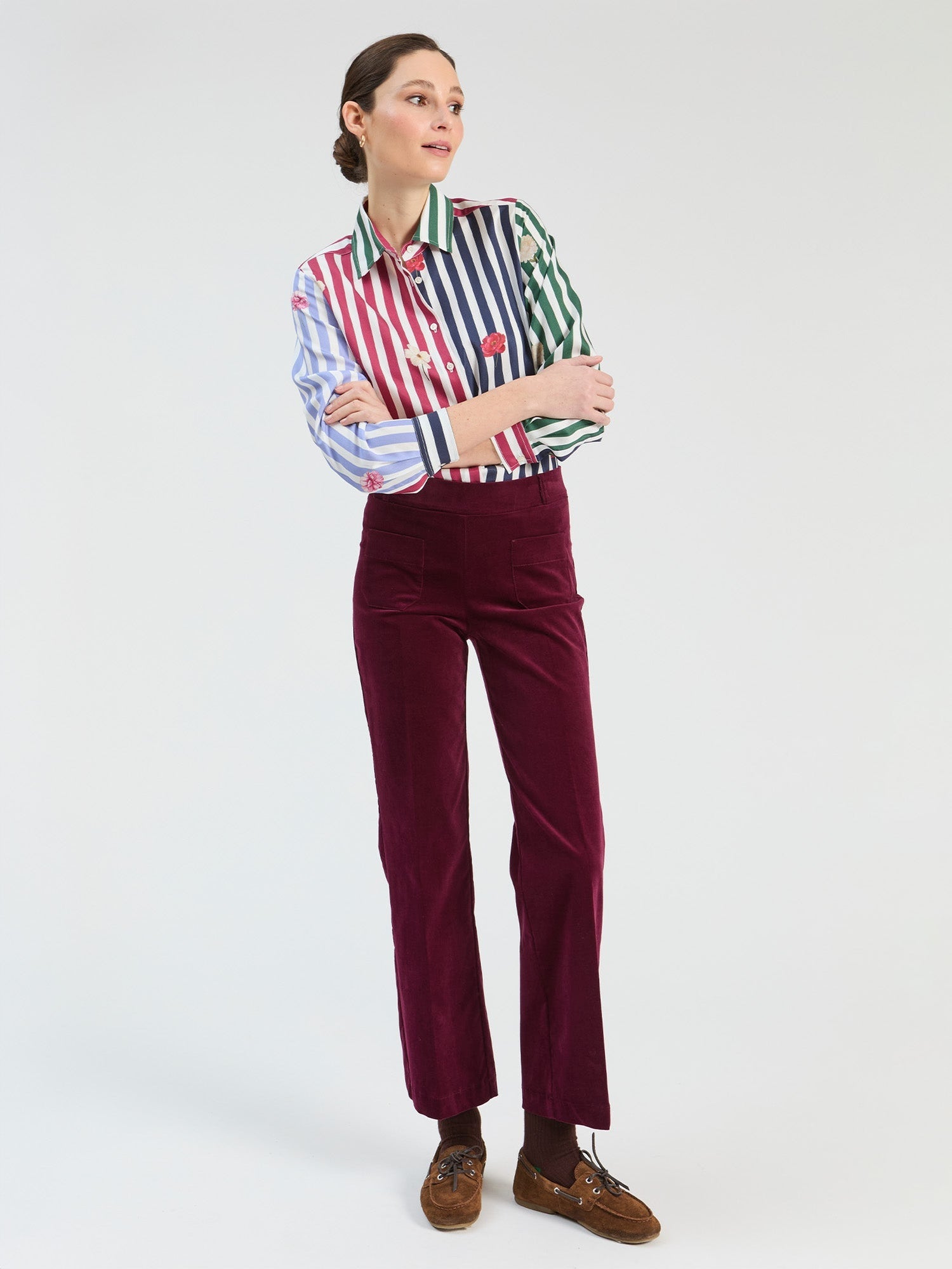 Vilagallo multicolor striped embroidered shirt style 33805 shown on model, long sleeves and classic collar