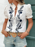 Women’s White Puffed-Sleeve Navy Floral Embroidered Top