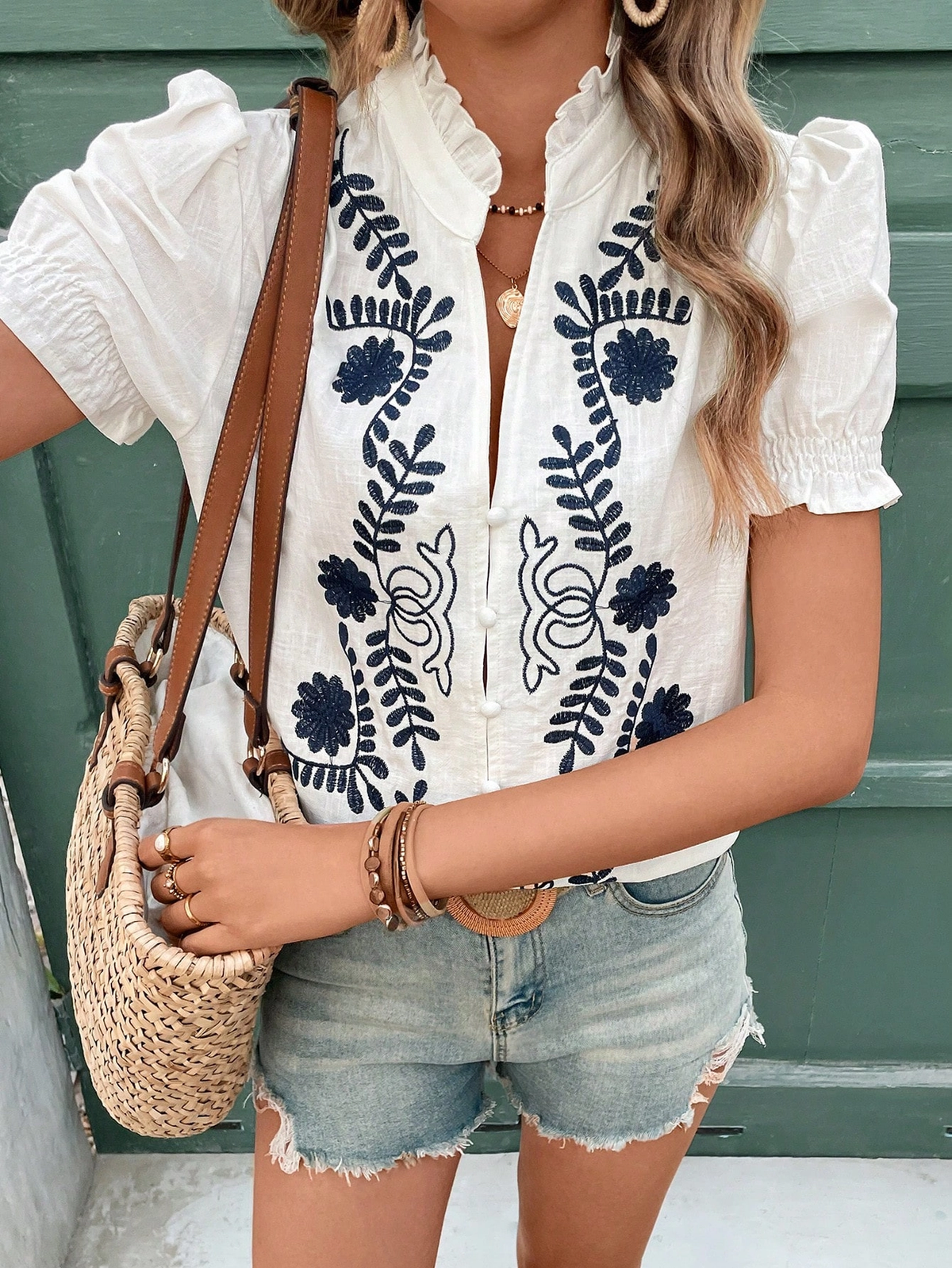 Women’s White Puffed-Sleeve Navy Floral Embroidered Top