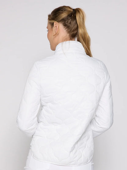 Person wearing a white quilted jacket on a plain background