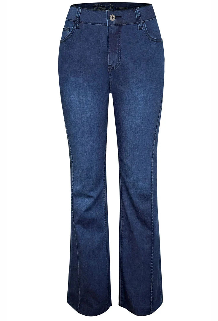 Ethyl On The Move Jean pants in denim, featuring a relaxed fit and classic five-pocket design, displayed on a neutral background.