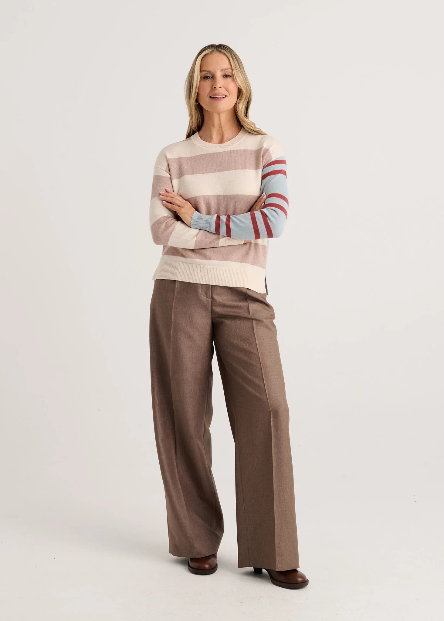A woman modeling a striped long-sleeve knit sweater Zaket &amp; Plover Bold Stripe Sweater Waxpaper 