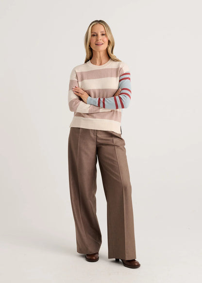 A woman modeling a striped long-sleeve knit sweater Zaket &amp; Plover Bold Stripe Sweater Waxpaper 