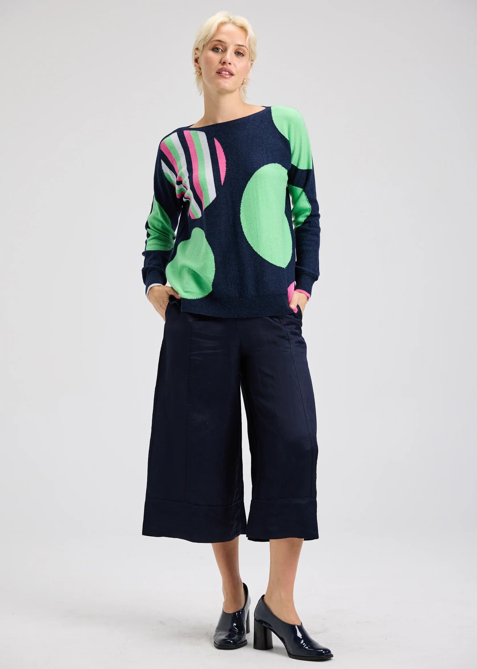 Womens navy sweater with circles