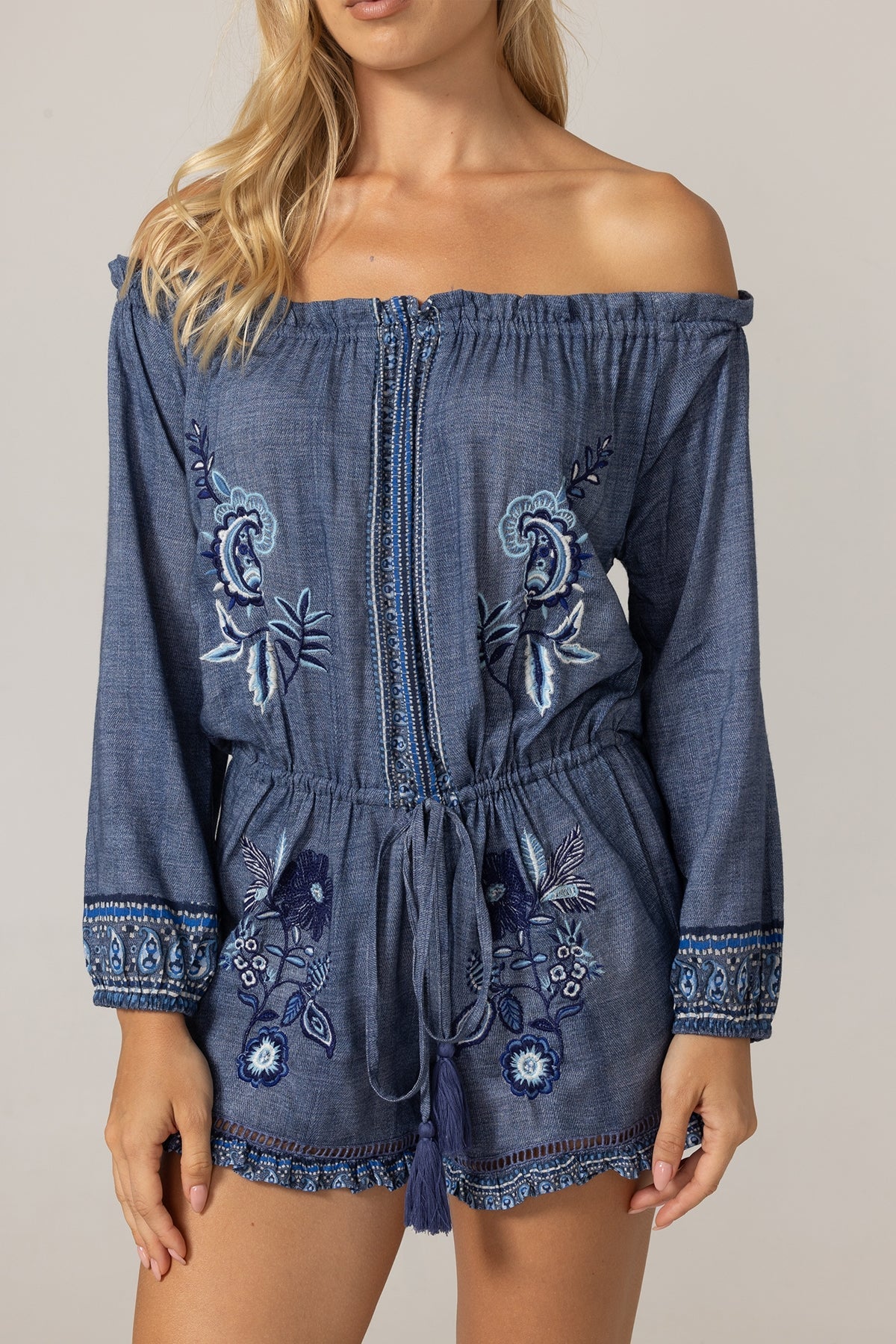 MISS JUNE Alba playsuit in blue, stylish romper featuring a relaxed fit and lightweight fabric, perfect for casual summer wear.