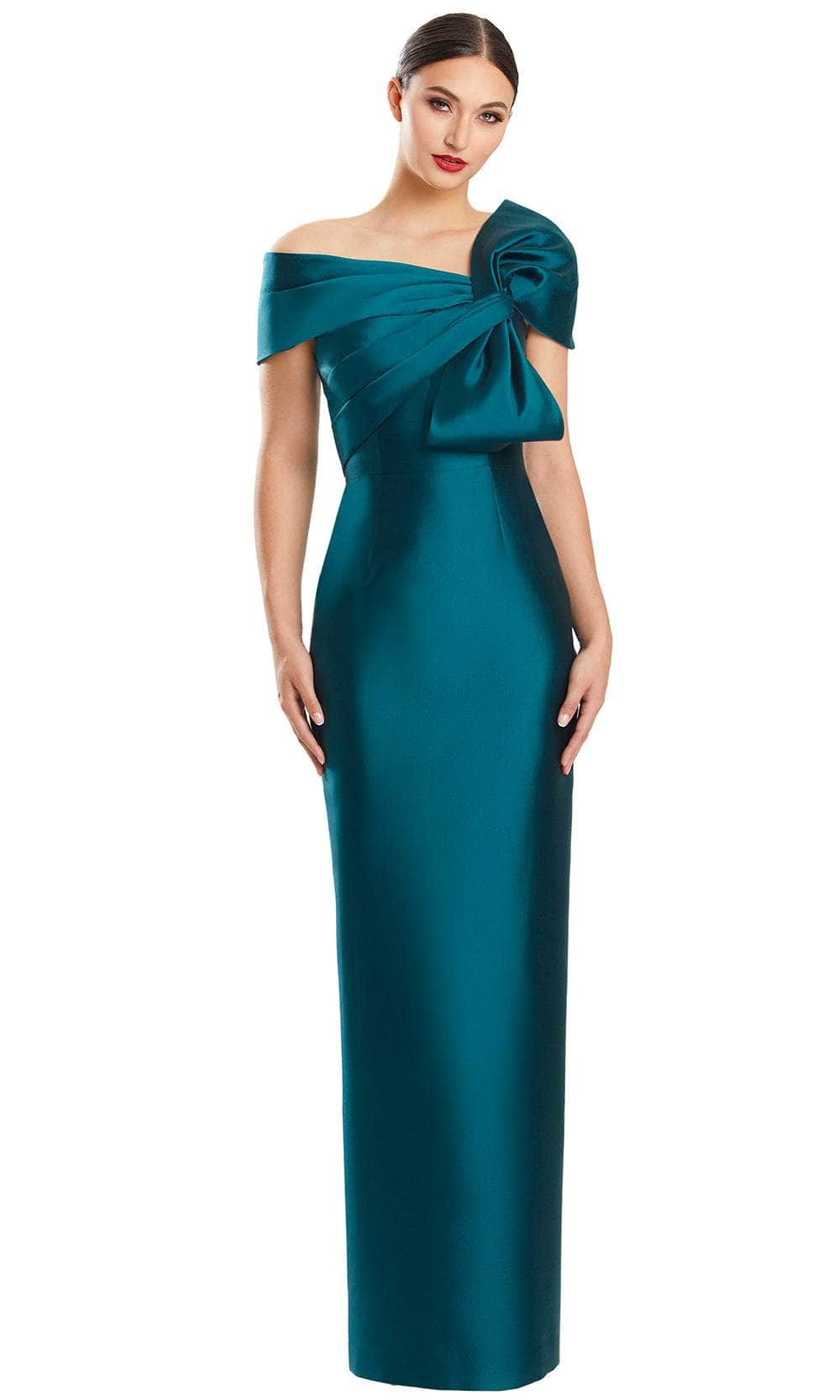 Daymor Couture Bow Shoulder Evening Gown in forest