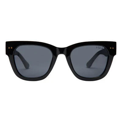 I-SEA Andie tortoiseshell and black sunglasses with rounded frames and dark lenses.