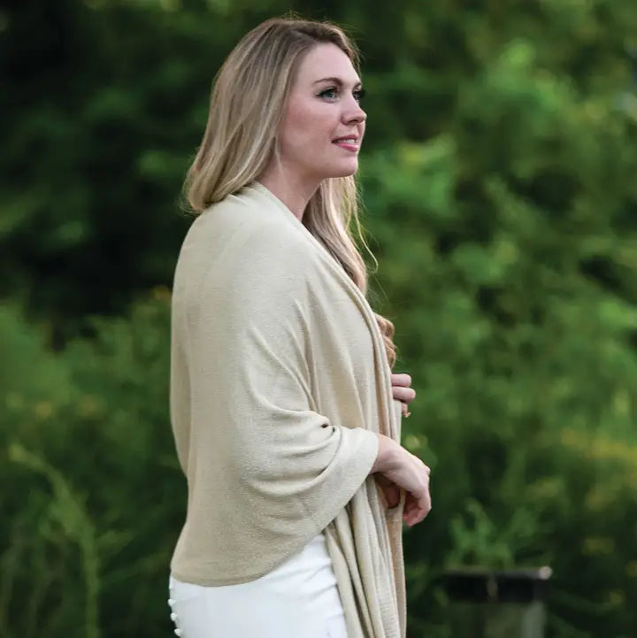 Woman wearing a beige Ari Bamboo Shawl Wrap 