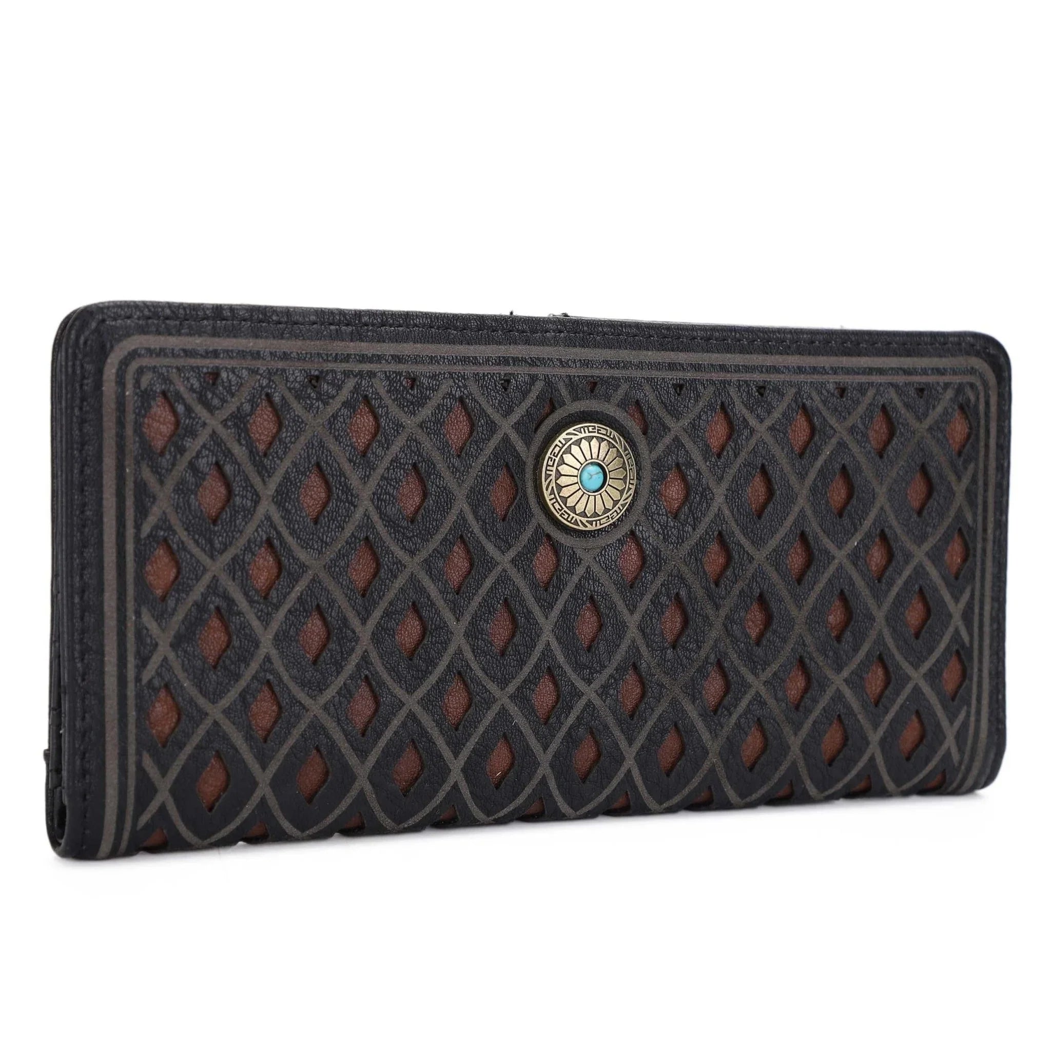 Black textured wallet with decorative button on a white background