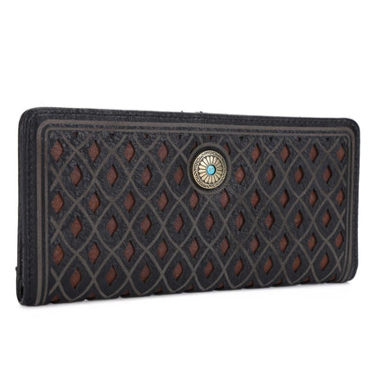Black textured wallet with decorative button on a white background