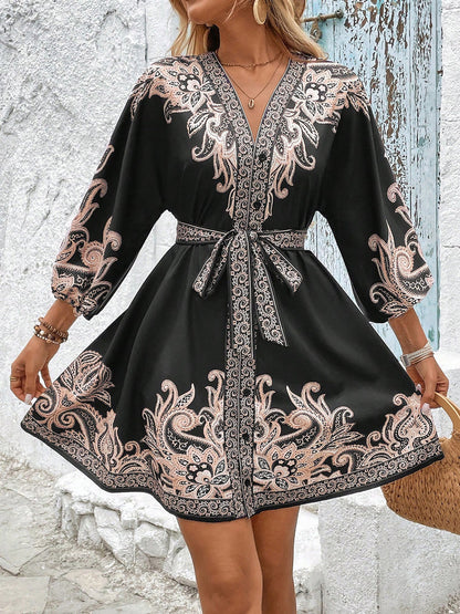 Cloister Collec | Printed V-neck Lace Up Dress