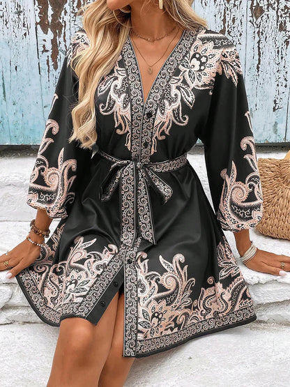 Cloister Collec | Printed V-neck Lace Up Dress