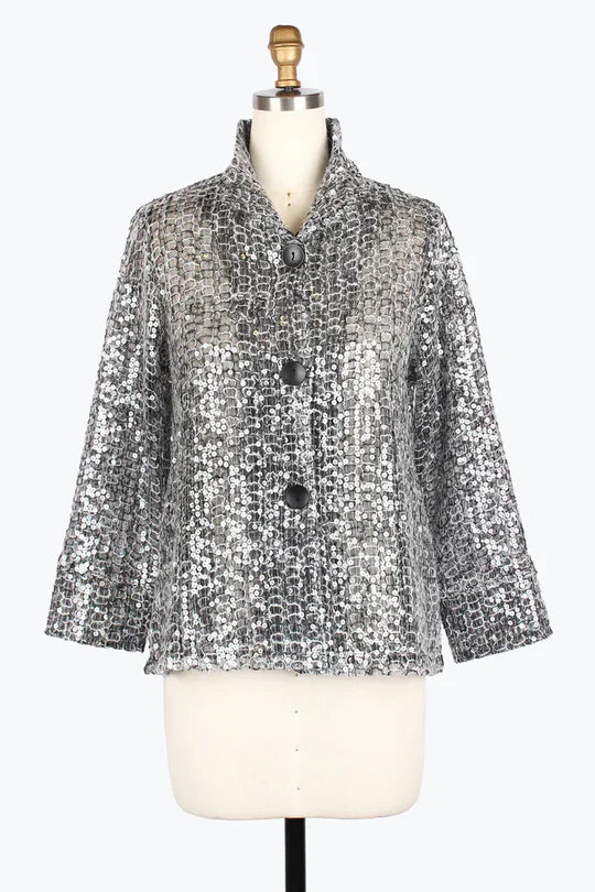 Silver sequin jacket on a mannequin against a white background