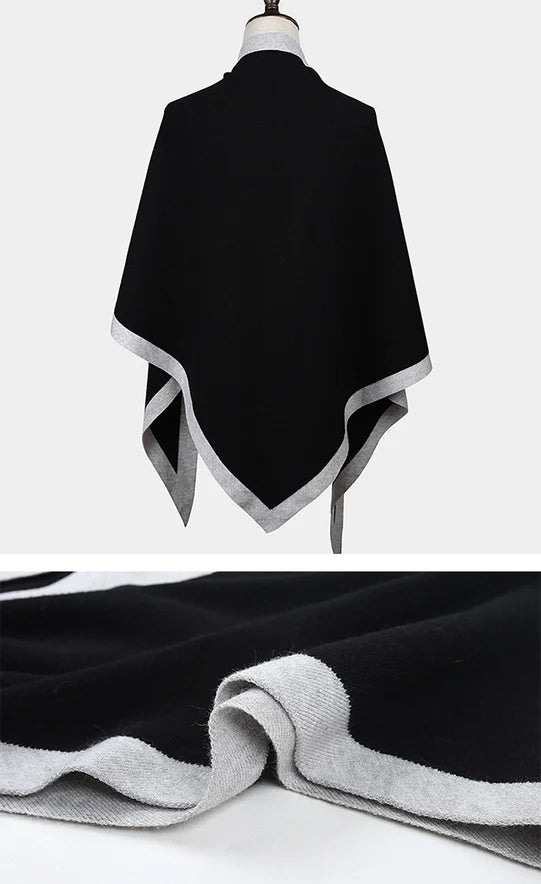 Black and gray poncho on a mannequin with close-up of fabric texture.