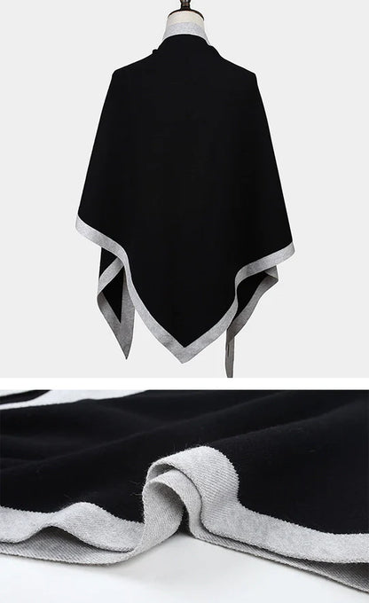 Black and gray poncho on a mannequin with close-up of fabric texture.