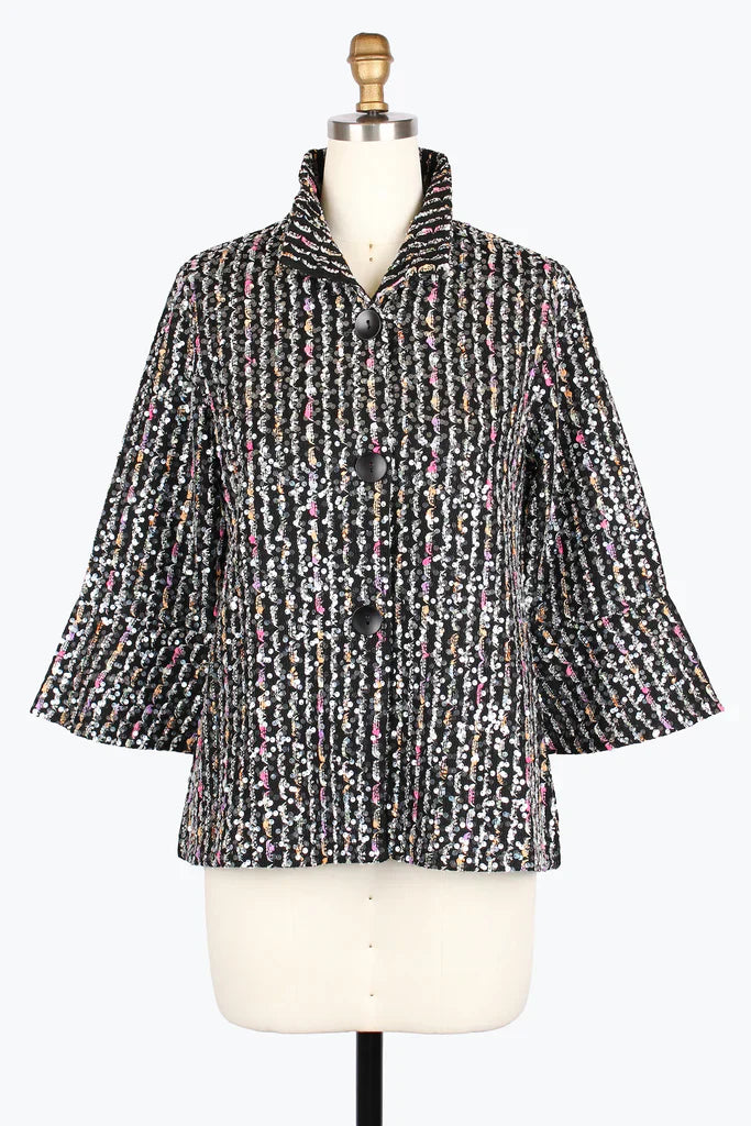 Textured jacket on a mannequin against a white background