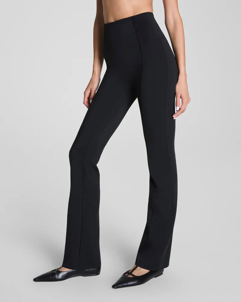 Black SPANX Dressy Micro Flare Leggings with a fitted waistband and flared leg design, perfect for stylish, comfortable wear.